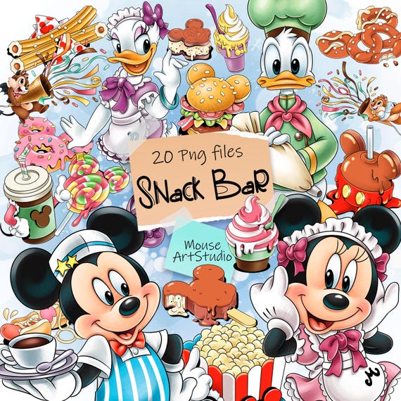 Snack bar, Waiters, Food, Mickey and Minnie, Donald and Daisy, Digital Illustrations, Instant Download