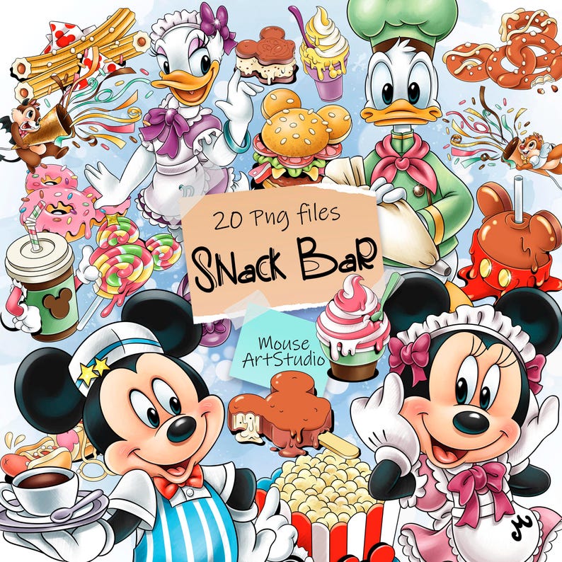 Snack bar, Waiters, Food, Mickey and Minnie, Donald and Daisy, Digital Illustrations, Instant Download image 1