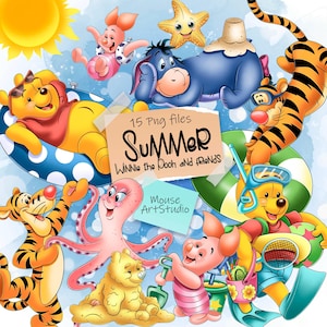 Imágenes prediseñadas digitales: Winnie the Pooh y sus amigos, verano, playa, nadando en el agua, ilustraciones de Mouse Art Studio, descarga instantánea