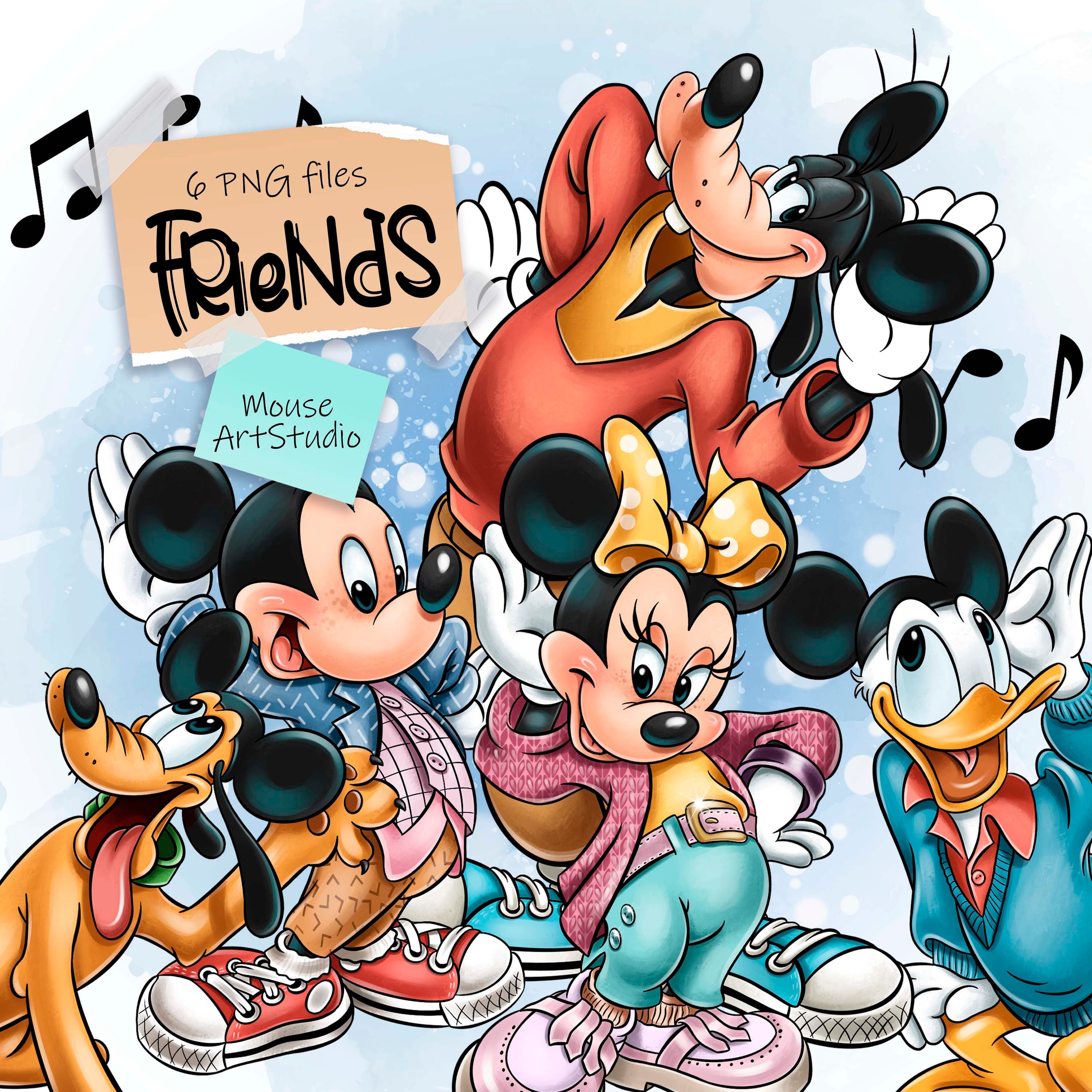 フレンズ、ミッキーとその友達、昇華デザイン、デジタルイラスト、即時
