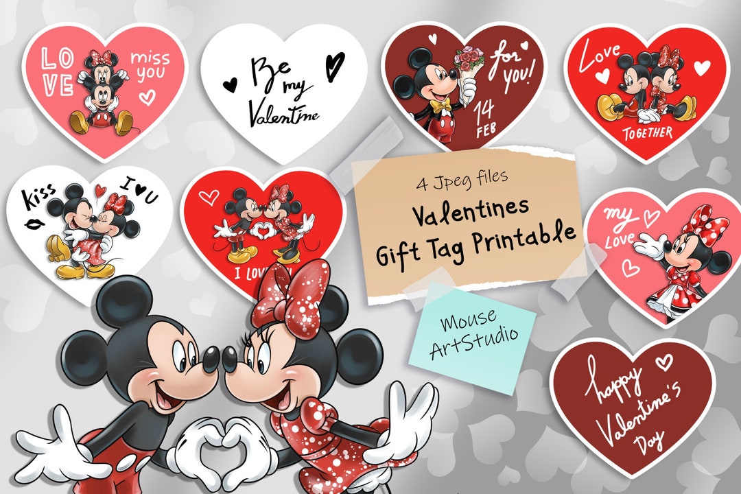 ミニーとミッキーのバレンタイン：印刷可能なハートのギフトタグ
