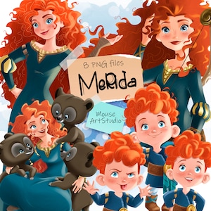 May include: Digital illustration set featuring Merida from the movie Brave. The set includes Merida with a bow and arrow, Merida with her brothers, Merida with her bears, and Merida in her princess dress. The set is available as 8 PNG files.