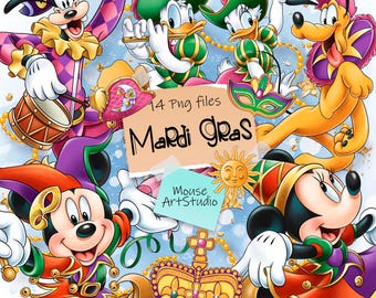 May include: A digital illustration of Mickey Mouse, Minnie Mouse, Donald Duck, Goofy, and Pluto dressed in Mardi Gras costumes. The characters are surrounded by Mardi Gras decorations, including beads, masks, and a crown. The text "14 Png files Mardi Gras Mouse Art Studio" is in the center of the image.