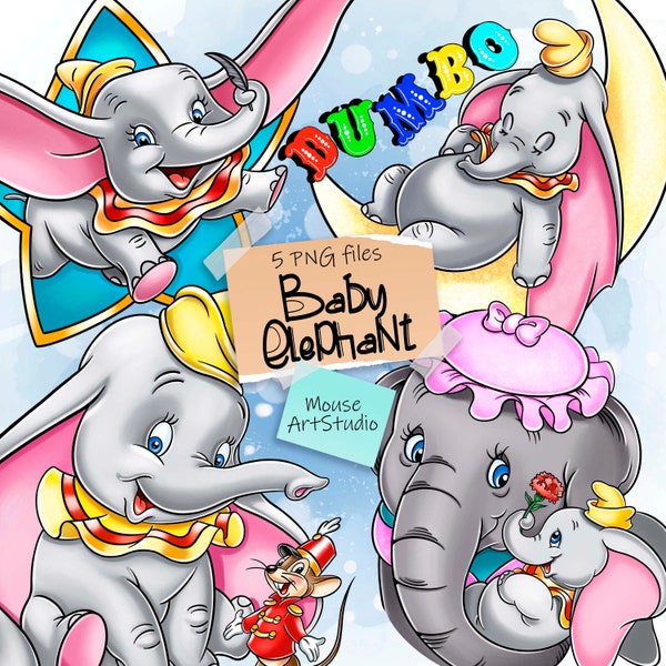 Dumbo, Mme Jumbo, Timothy la souris, clipart dessinés à la main, design par sublimation, illustration numérique, téléchargement immédiat