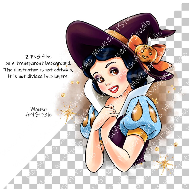 May include: Snow White is dressed as a witch for Halloween. She is wearing a purple and black witch hat with a large orange bow and a pumpkin charm. She is also wearing a blue and white dress with a white collar. The background is a sparkly gold and black.