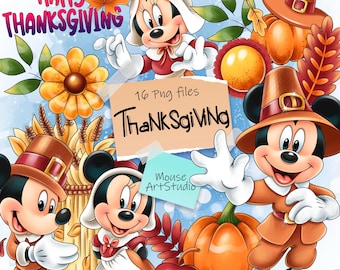 Happy Thanksgiving, Mickey and Minnie, Harvest Festival, Sublimation Design, Digital Illustration, Instant Download