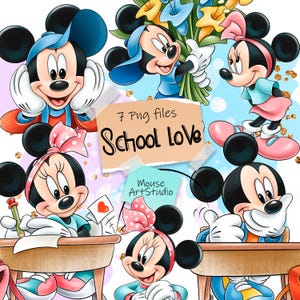 Clipart digitale, amore per la scuola, Topolino e Minnie, bigliettini d'amore, disegno a sublimazione, download istantaneo