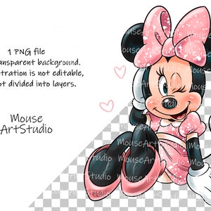 K&ouml;nnte beinhalten: Eine Cartoon-Illustration einer rosa und wei&szlig;en Maus mit einer rosa Schleife, die zwinkert und l&auml;chelt. Die Maus tr&auml;gt ein rosa und wei&szlig; gepunktetes Kleid und hat einen schwarzen Schwanz.