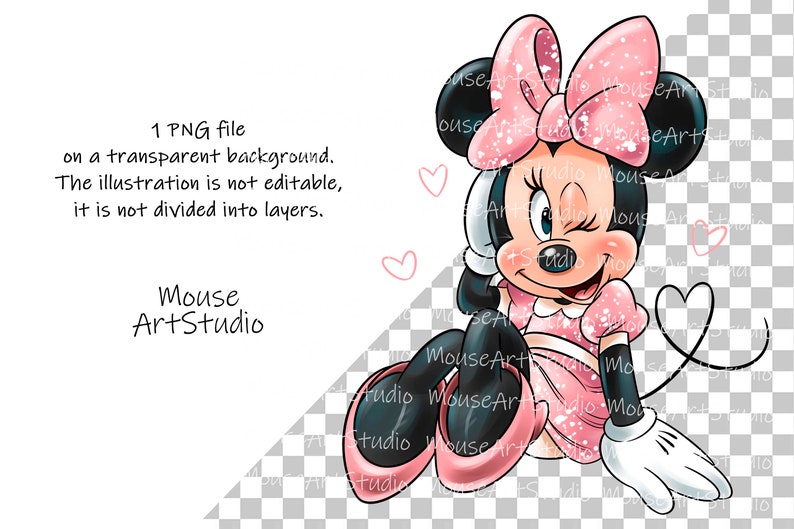 K&ouml;nnte beinhalten: Eine Cartoon-Illustration einer rosa und wei&szlig;en Maus mit einer rosa Schleife, die zwinkert und l&auml;chelt. Die Maus tr&auml;gt ein rosa und wei&szlig; gepunktetes Kleid und hat einen schwarzen Schwanz.