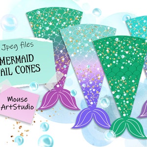 May include: Four printable mermaid tail cone designs. Each cone features a different color gradient with glitter and a mermaid tail design. The text "4 Jpeg files Mermaid Tail Cones Mouse ArtStudio" is on a light blue background.