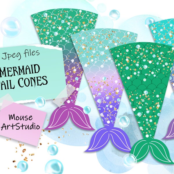 Mermaid tail, Cone Box for Popcorn or sweets, Party Decor, Digital File, Instant Download