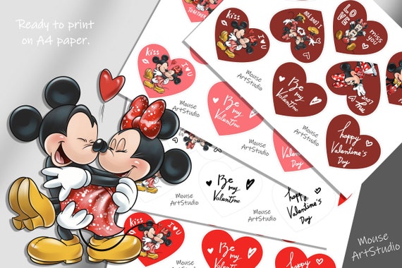 ミニーとミッキーのバレンタイン：印刷可能なハートのギフトタグ