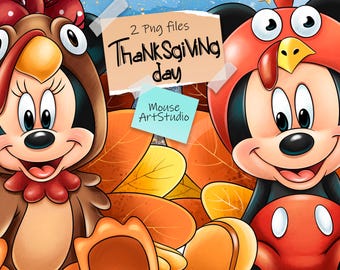 Happy Thanksgiving, Mickey and Minnie, Turkeys, Sublimation Design, Digital Illustration, Instant Download