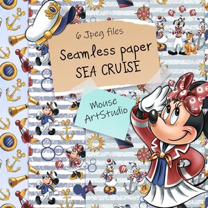 Op de afbeelding: Een set van zes digitale naadloze patronen met nautische thema's. De patronen omvatten ankers, strepen en cartoonfiguren gekleed in matrozenpakken. De tekst "Seamless paper SEA CRUISE" is zichtbaar in de afbeelding.