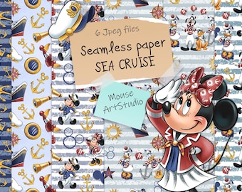 Digital Paper, Sea Cruise, Mickey and Minnie Mouse, Donald and Daisy Duck, Seamless Pattern, Fabric Printing, Instant Download, Part 2