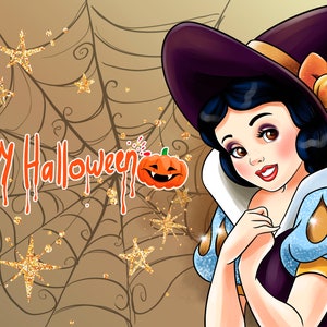 May include: Snow White dressed as a witch for Halloween. She is wearing a purple witch hat with an orange bow and a pumpkin. The background is a brown spiderweb with gold glitter stars.