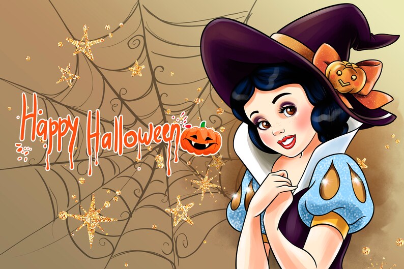 May include: Snow White dressed as a witch for Halloween. She is wearing a purple witch hat with an orange bow and a pumpkin. The background is a brown spiderweb with gold glitter stars.