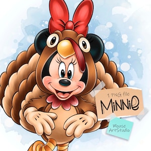 May include: Minnie Mouse dressed as a turkey for Thanksgiving. She is wearing a brown turkey costume with a red bow and a brown and orange tail. The image has a watercolor background.