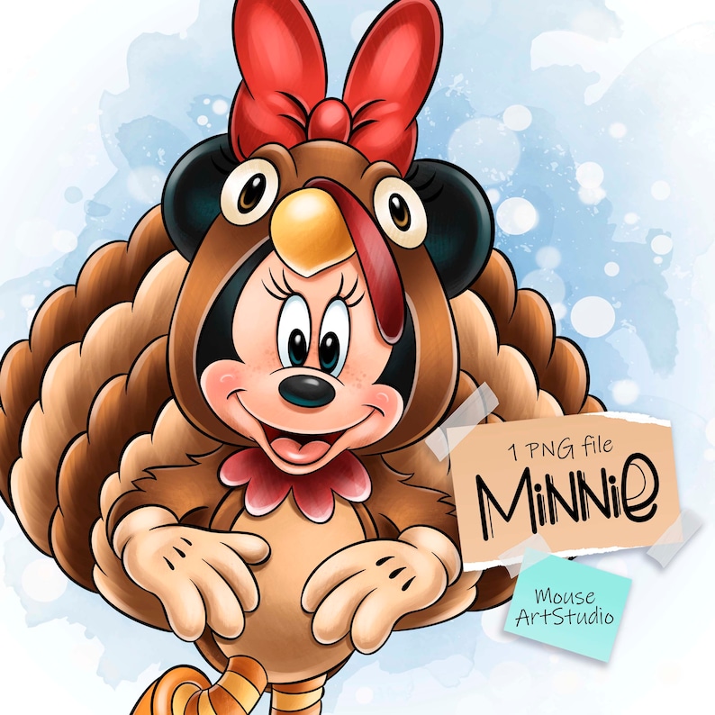 May include: Minnie Mouse dressed as a turkey for Thanksgiving. She is wearing a brown turkey costume with a red bow and a brown and orange tail. The image has a watercolor background.