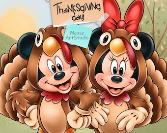 Thanksgiving, Mickey, Minnie, Sublimation Design, Digital Illustration, Instant Download