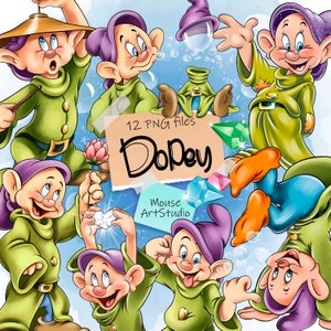 May include: Twelve digital illustrations of Dopey the dwarf from Snow White and the Seven Dwarfs. Dopey is wearing a green tunic and purple hat. He is shown in various poses, including holding a diamond, a flower, and a bubble wand. The illustrations are on a blue background with white clouds. The text "12 PNG files Dopey Mouse Art Studio" is on a torn piece of paper.