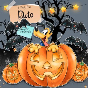 May include: A digital illustration featuring Pluto, a cartoon dog, emerging from a carved orange pumpkin. The image has a Halloween theme, with bats, stars, and a spooky tree in the background. Text on the image reads "Pluto" and "Mouse ArtStudio".