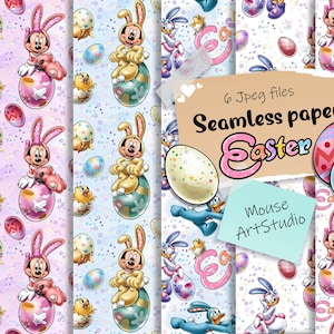 Carta decorativa, Buona Pasqua, Topolino e Minnie, Paperino e Paperina, Modello senza cuciture, Stampa su tessuto, Caricamento istantaneo, Set grande