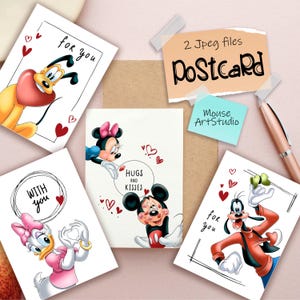 Valentijnsdagwenskaarten om af te drukken, ansichtkaarten met Mickey en zijn vrienden, briefkaartontwerp om af te drukken, Instant digitale download