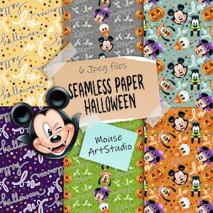 Halloween, Minnie und Mickey, Dekoratives Papier, Nahtloses Muster, Stoffdruck, Sofortdownload