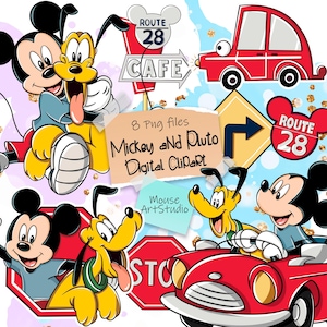 May include: Digital clipart featuring Mickey Mouse and Pluto in various poses, including driving a red car and posing with Route 28 signs. The image includes text that reads "Mickey and Pluto Digital Clipart" and "Mouse ArtStudio".