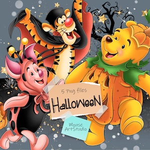 Clipart digitale di Halloween, Winnie the Pooh, Pimpi e Tigre, Design a sublimazione, Download immediato