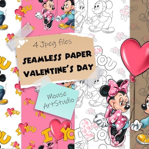 Papel decorativo, Te amo, Día de San Valentín, Mickey y Minnie, Impresión en tela, Papel para envolver regalos, Patrón sin costuras, Carga instantánea