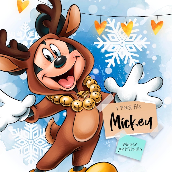 Mickey Mouse in a reindeer costume, Merry Christmas, Sublimation design, Digital Illustration, Instant Download