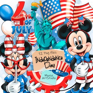Clipart do Dia da Independência dos Estados Unidos, Mickey e Minnie, clipart PNG desenhado à mão do Mouse Art Studio, adesivos de desenho animado para agenda diária