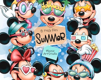 Summer, Mickey Mouse, Minnie Mouse PNG, Digital Illustration, Hand Drawn, Instant Download