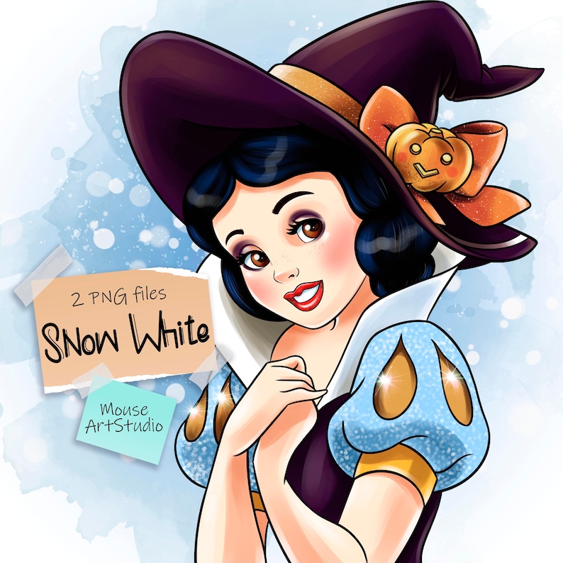 May include: Snow White, a Disney princess, is dressed in a blue and purple dress with a white collar. She is wearing a witch's hat with a pumpkin and orange ribbon. The background is a light blue watercolour wash.