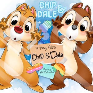 May include: Digital illustration of Chip and Dale, two cartoon chipmunks, with their hands up. The image includes the text "Chip & Dale" and "7 PNG files". The background is light blue with white dots.