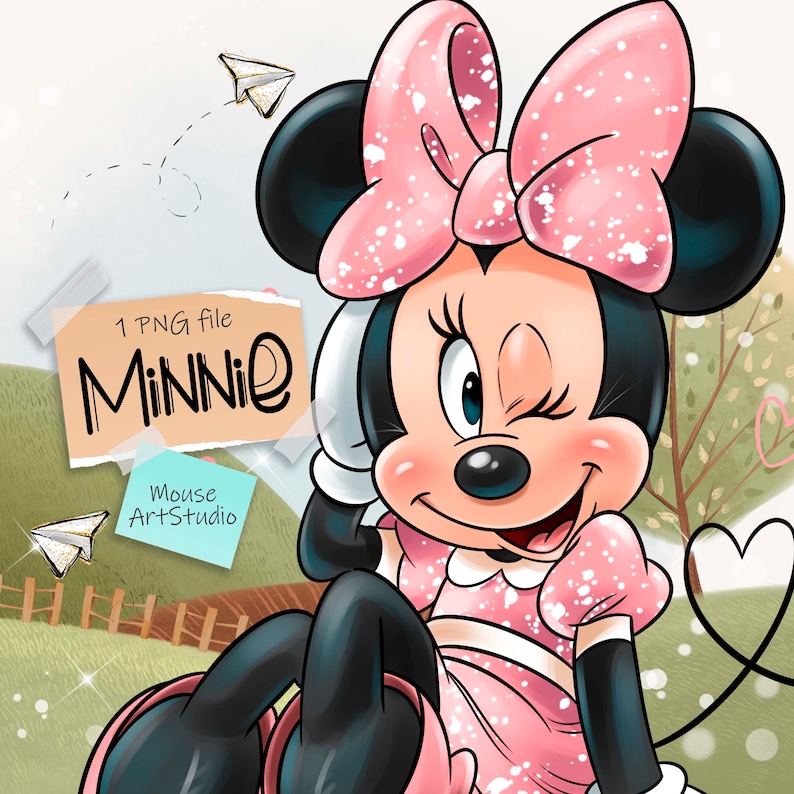 K&ouml;nnte beinhalten: Minnie Maus, eine Zeichentrickfigur mit einer rosa Schleife und einem gepunkteten Kleid, die zwinkert und l&auml;chelt. Der Hintergrund ist eine gr&uuml;ne Wiese mit einem Holzzaun und einem blauen Himmel mit wei&szlig;en Wolken.