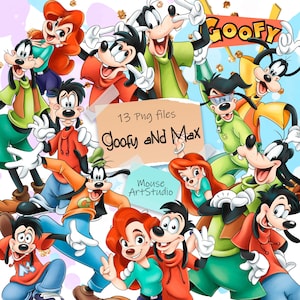 Puede incluir: Imagen de arte digital con múltiples personajes de dibujos animados, incluyendo a Goofy y Max, en varias poses. Los personajes visten atuendos coloridos, con el texto "Goofy and Max" y "13 Png files" visibles. La imagen tiene una estética juguetona y vibrante.
