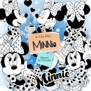 Imágenes prediseñadas digitales de Minnie Mouse. Ilustraciones de Mouse Art Studio. Ilustraciones en blanco y negro. Descarga instantánea.