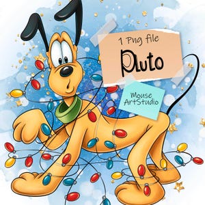 May include: A digital illustration of Pluto, a yellow cartoon dog, entangled in colorful Christmas lights. The background is a blue watercolor wash with gold stars. Text on the image reads "1 Png file Pluto" and "Mouse ArtStudio."