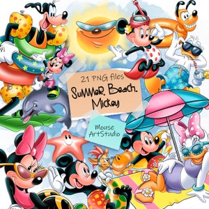 Lato, Plaża, Pływanie, Minnie, Mickey, Daisy Donald, Goofy, Projekt sublimacji, Ilustracja cyfrowa, Natychmiastowe pobieranie