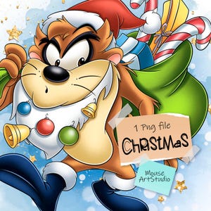 May include: A cartoon illustration of the Tasmanian Devil wearing a Santa hat, carrying a green sack of presents and candy canes. The character is smiling, with Christmas ornaments and bells. The image includes the word "Christmas".