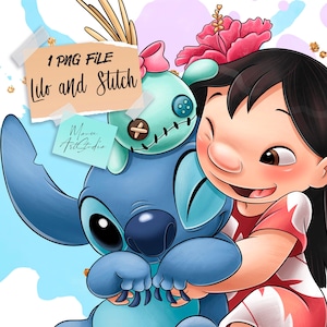 Könnte beinhalten: Digitale Illustration von Lilo und Stitch, die sich umarmen. Lilo, mit schwarzen Haaren und einem rot-weißem Kleid, umarmt den blauen Außerirdischen Stitch. Ein teal Stitch Plüschtier mit einer rosa Schleife befindet sich auf Stitchs Kopf. Der Text "1 PNG FILE Lilo and Stitch" ist enthalten.