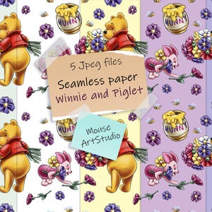 Dekorpapier, Winnie Puuh und Ferkel, Blumen und Honig, Geschenkpapier, Nahtloses Muster, Stoffdruck, Sofort Laden
