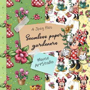 Gardeners, Minnie and Mickey, Decorative Paper, Seamless Pattern, Fabric Printing, Instant Loading