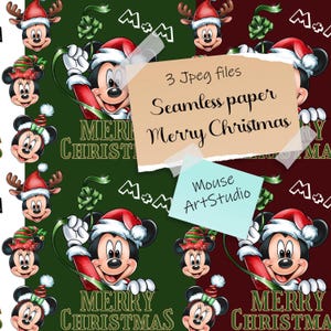 Papel decorativo, Feliz Navidad, Patrón sin costuras, Mickey y Minnie, Impresión sobre tela, Descarga instantánea