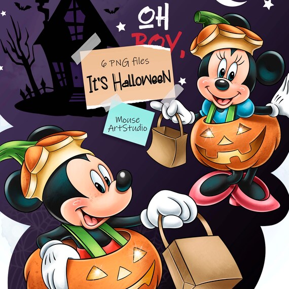 デジタルハロウィーンイラスト、ミッキーとミニー、昇華デザイン、即時