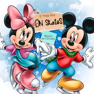 Mickey y Minnie, patinaje sobre hielo, invierno, Navidad, diseño de sublimación, ilustración digital, descarga instantánea