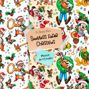 Frohe Weihnachten, Dekorationspapier, Micky und Minnie Maus, Donald Duck, Chipmunks, nahtlose Muster, Stoffdruck, Sofort Download